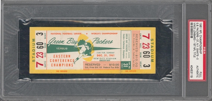 1961 NFL Championship Green Bay Packers vs New York Giants Full Ticket (PSA)